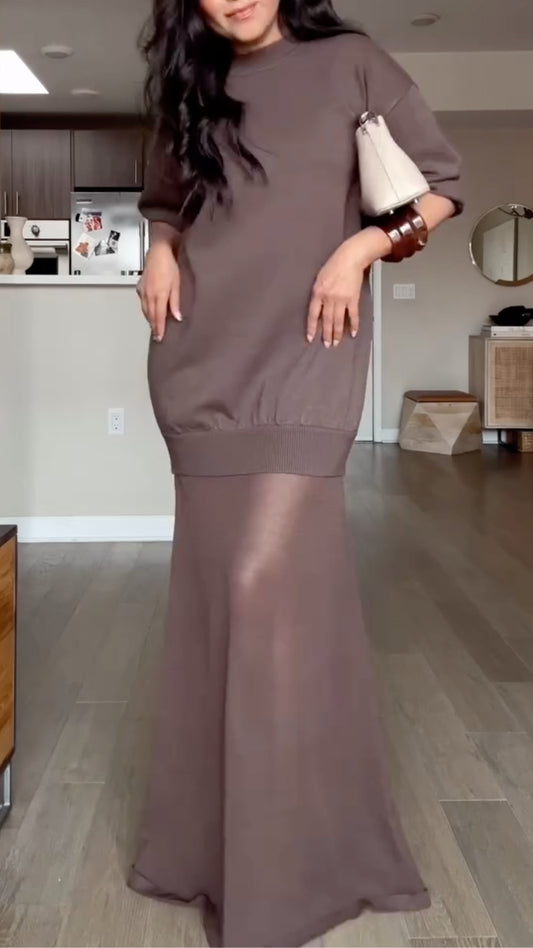 Women's Round-Neck Long Dress with Sheer Paneling