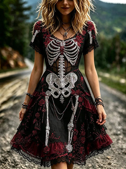 Women's Retro Halloween Rose And Human Skeletal Art Pattern Mini Gothic Dress