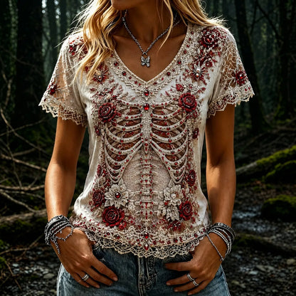 Women's Vintage Halloween Skull And Rose Art V-neck Short Sleeve T-shirt