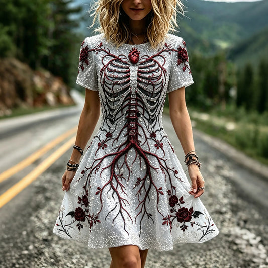 Women's Retro Halloween Skeleton And Bloodline Pattern Round Neck Short Sleeve Dress