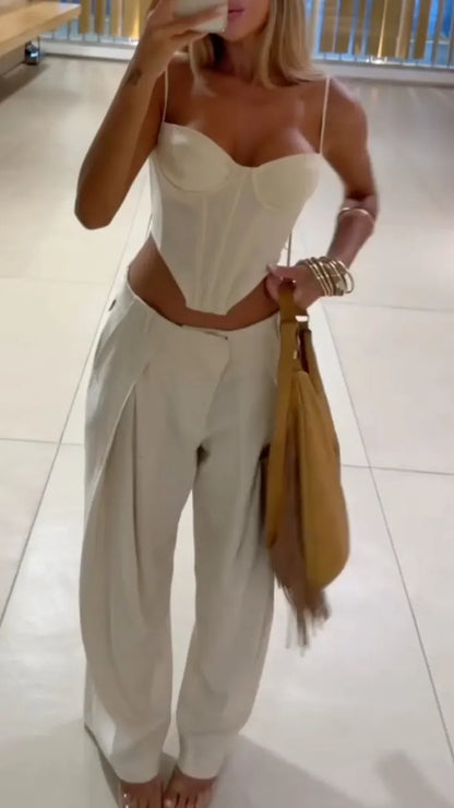 Beige Corset Cami Top and Wide Leg Pants Setts Setet