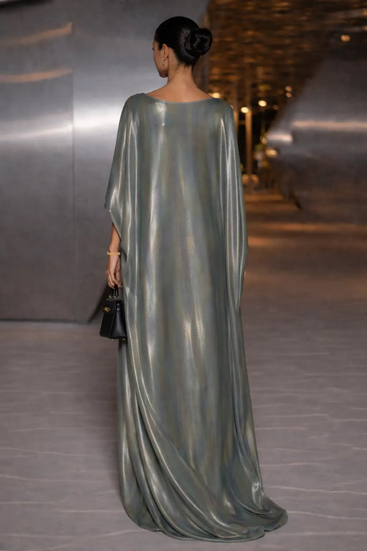 Draped Batwing Sleeve Shiny Maxi Dress