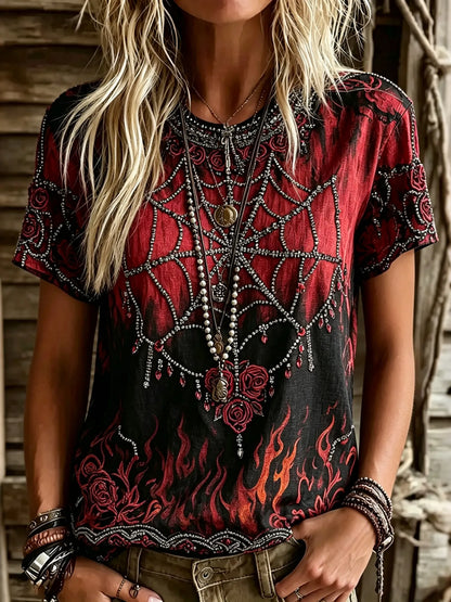 Women's  Vintage Spider Flower Embroidery Short Sleeve Top