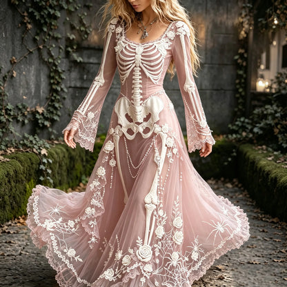 Women's Retro Gothic Spider Skull Floral Pattern Mixi Halloween Dress