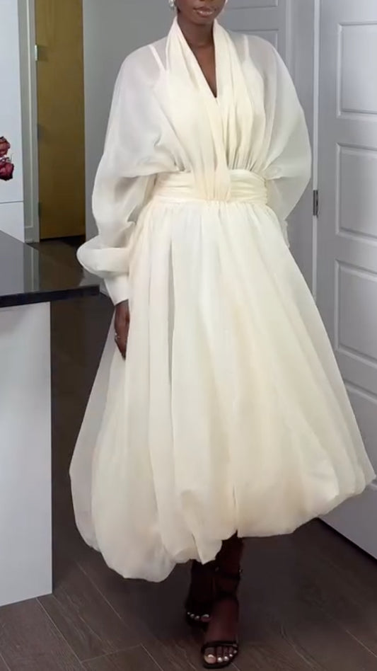 White Puff Sleeve Organza V Neck Belted Midi Balloon Dress
