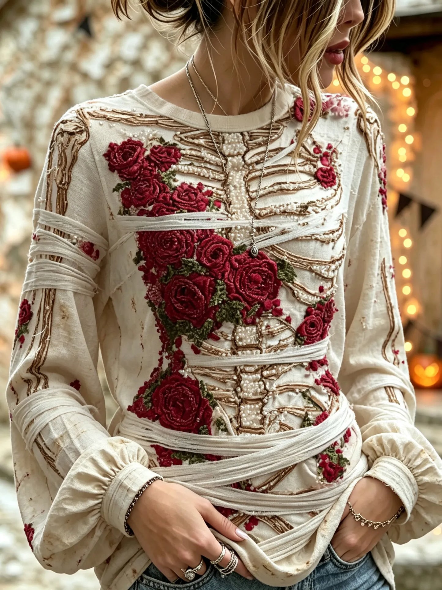 Women's Retro Halloween Bloody Human Skeleton With Floral Art Casual Long Sleeve Tops