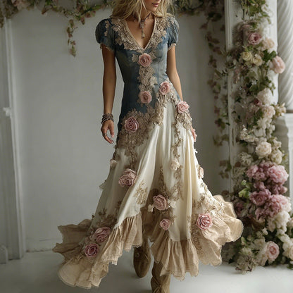 Women's Bohemian Pink Rose Patchwork Art V-neck Short Sleeve Maxi Dress