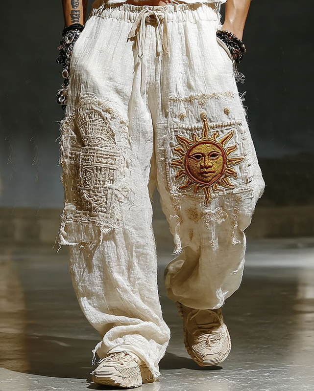 Men's Summer Vacation Star and Moon Embroidery Linen Pants 6ec6