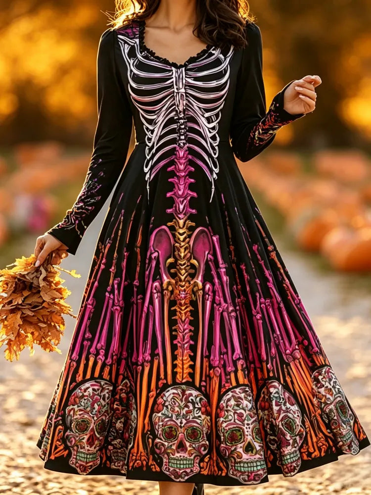 Women's Gothic Halloween Skeleton And Sugar Skull Print Long-sleeve A-line Swing Dress