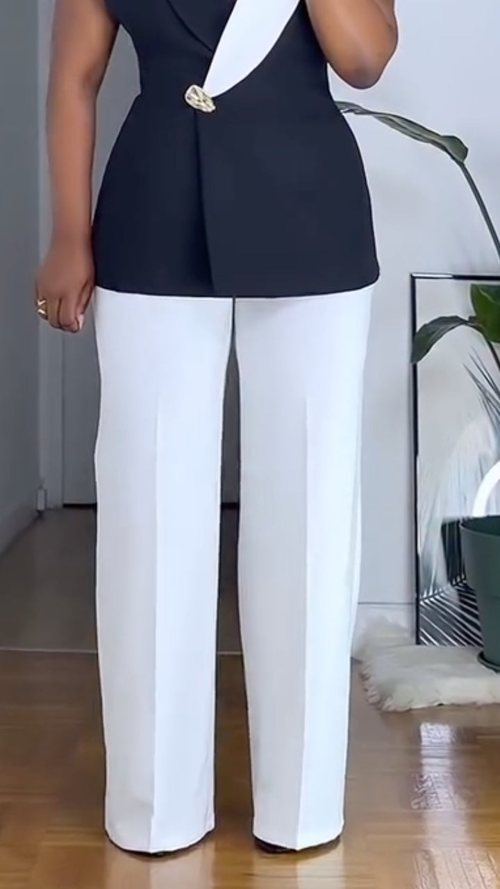 Color-Blocked Sleeveless Fitted Waist Top & Wide-Leg Pants Suit
