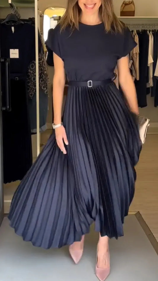 Women's Round-Neck Pleated Splice Dress — Elegant Style