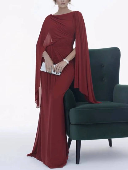 Draped Cape Sleeve Ruched Waist Bodycon Maxi Dress
