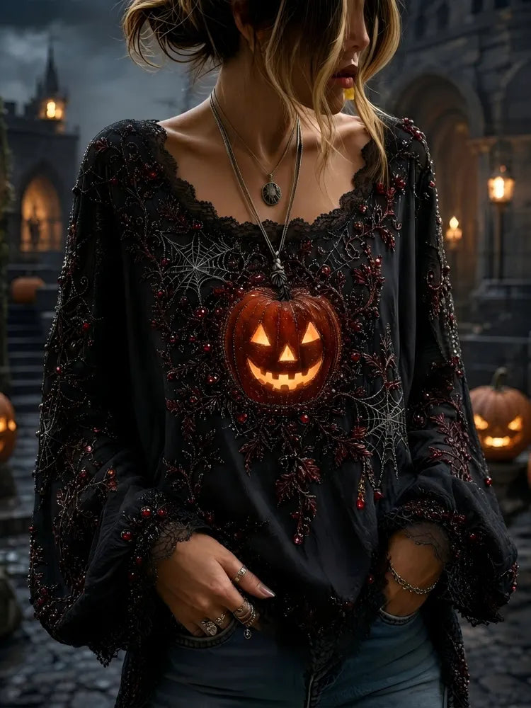 Women's Halloween Pumpkin & Spiderweb Graphic Top