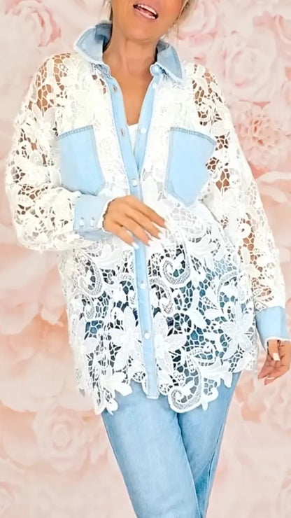 Light Blue Denim Patchwork Lace Hollow Out Shirt Jacket