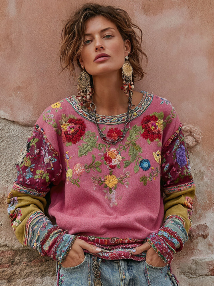 Women's Vintage Bohemian Floral Embroidery Patchwork Art Crew Neck Sweatshirt