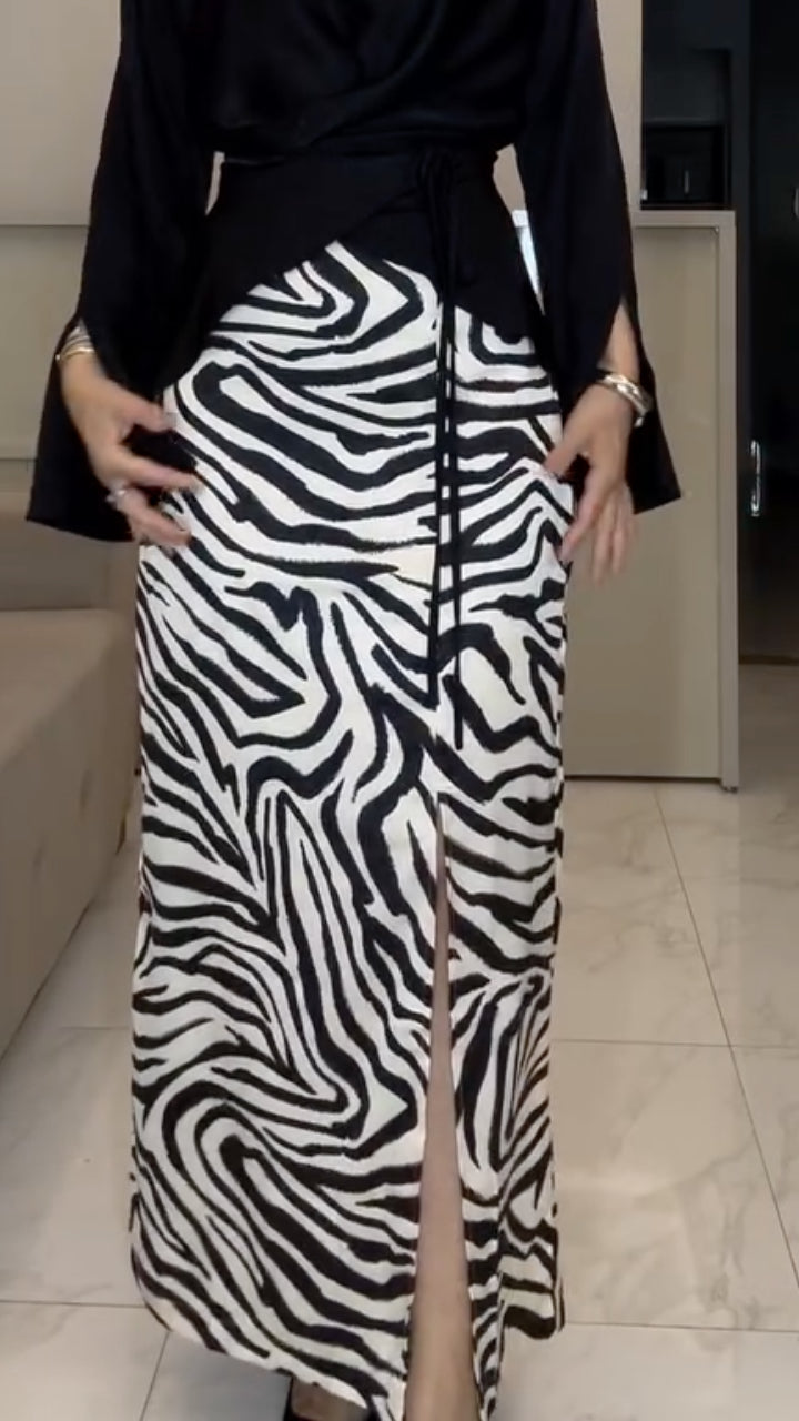 Black Satin Blouse with Zebra Print Maxi Skirt Set