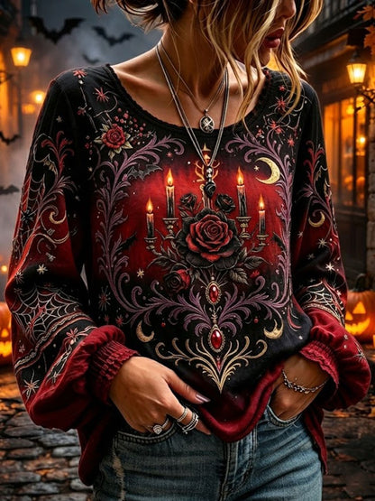 Women's Gothic Rose Candlestick Print Long-sleeved Blouse With Spiderweb Pattern.