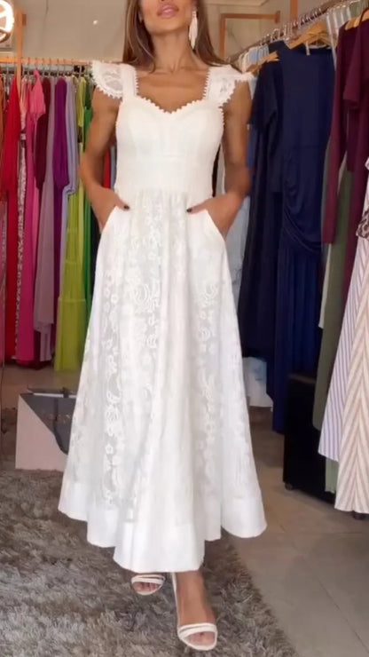 Lace Scallop Square Neck Pocket Flowy Maxi Wedding Dress