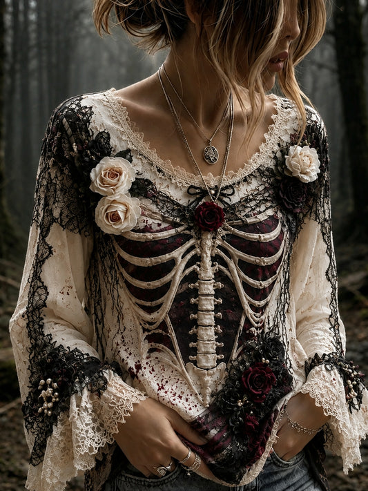 Women's Vintage Halloween Rose And Human Skeleton Art Crew Neck Long Sleeve T-shirt