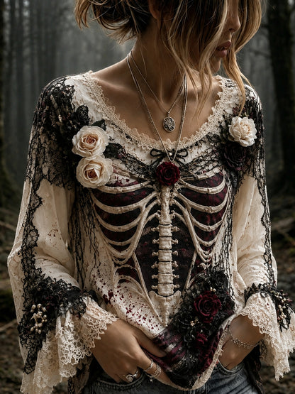 Women's Vintage Halloween Rose And Human Skeleton Art Crew Neck Long Sleeve T-shirt