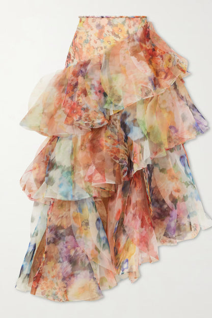 Multicolor Floral Tiered Ruffle Maxi Skirt