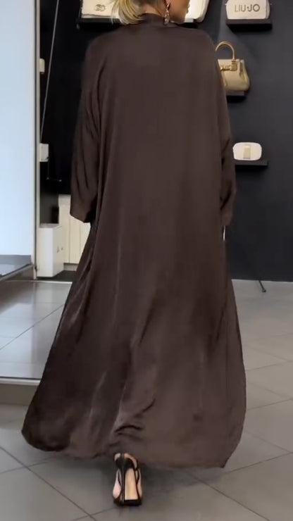 Women's Round Neck Dress + Cardigan Long Satin Suit