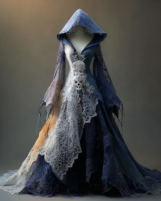 Halloween themed embroidered lace paneled hooded dress  ef57