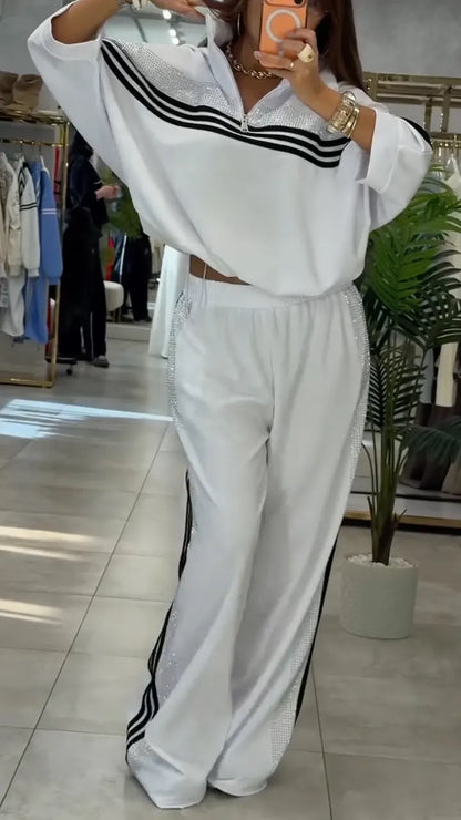White Rhinestone-Trimmed Tracksuit Set