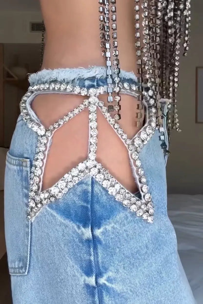 Light Wash Rhinestone Cutout Waist Wide Leg Denim Jeans
