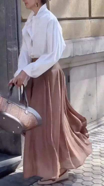 Button-Down Shirt & Brown Pleated Midi Skirt Set