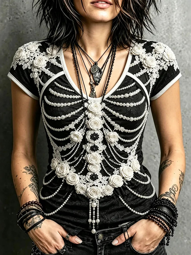 Women's Dark Floral Skull Design Short-sleeve Shirt