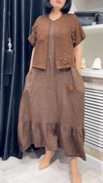 Brown Linen Maxi Dress & Crochet Cardigan Set