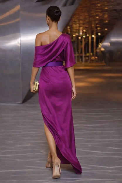 Satin One Shoulder Ruched Waist Asymmetric Maxi Dress