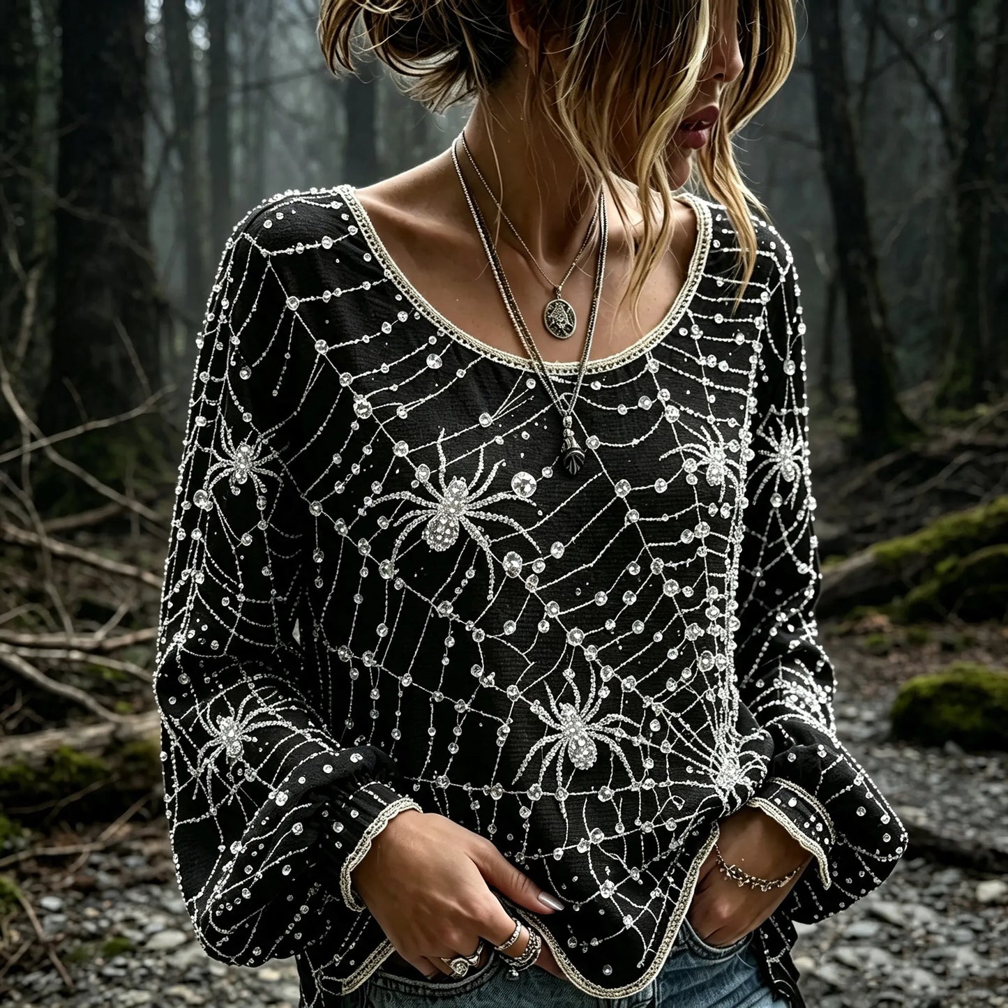 Women's Halloween Spider Web And Spider Sequin Crystal Print Top
