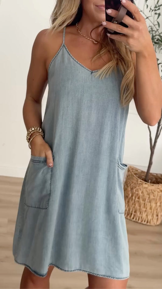 Women's V-Neck Spaghetti Strap Tencel Denim Dress