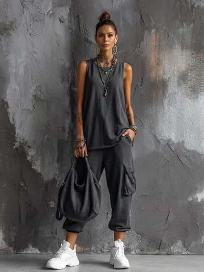 Dark Grey Sleeveless Top & Cargo Jogger Set