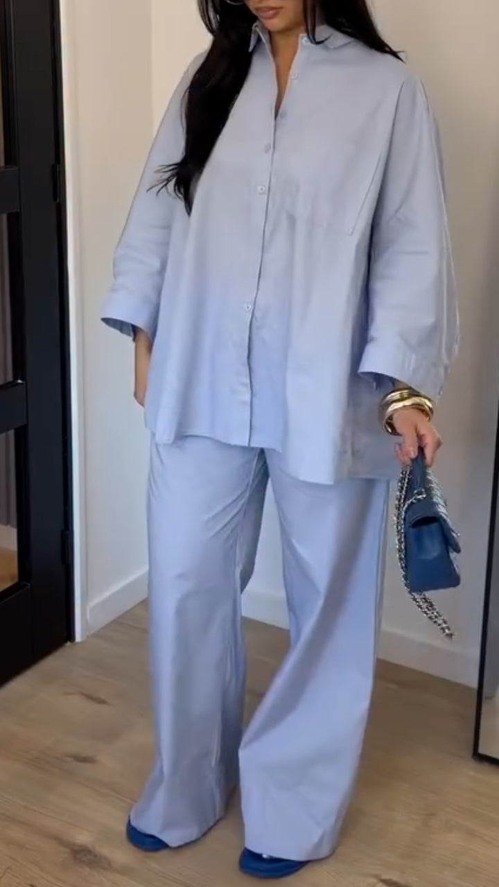 Oversized Button Shirt Wide Leg Pants Set