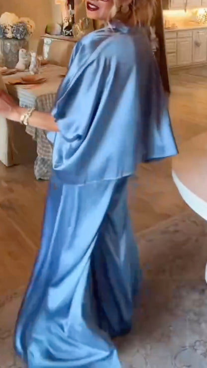 Women's Dusty Blue Satin Batwing Sleeve Top & Wide Leg Pants Set