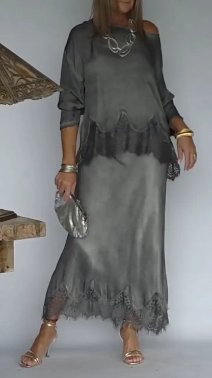 Grey Lace-Trimmed Dress Set