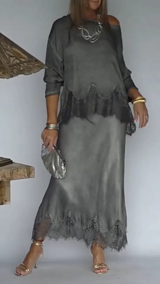 Grey Lace-Trimmed Dress Set