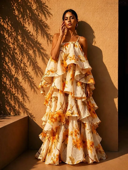 Yellow Floral Print One Shoulder Ruffle Hem Maxi Dress