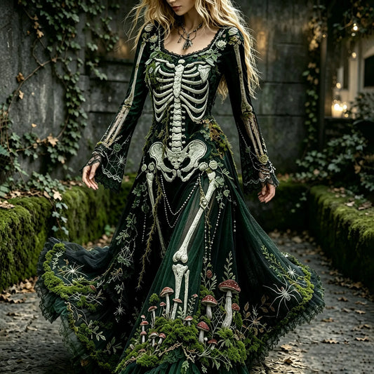 Women's Retro Forest Green Moss And Human Skeletal Art Pattern Maxi Dress