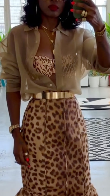 Leopard Print Midi Skirt & Sheer Shirt Outfit