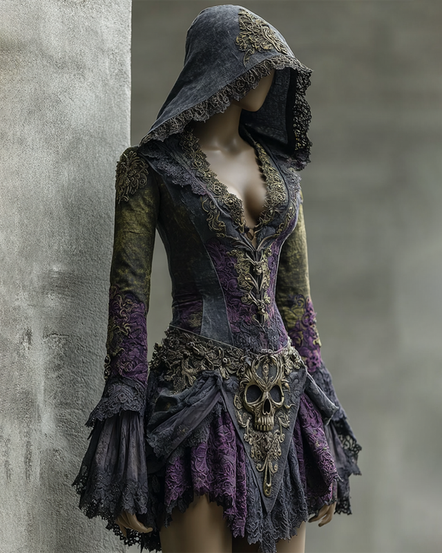 Halloween Themed Irregular Skull Embroidered Lace Hooded Dress 3141