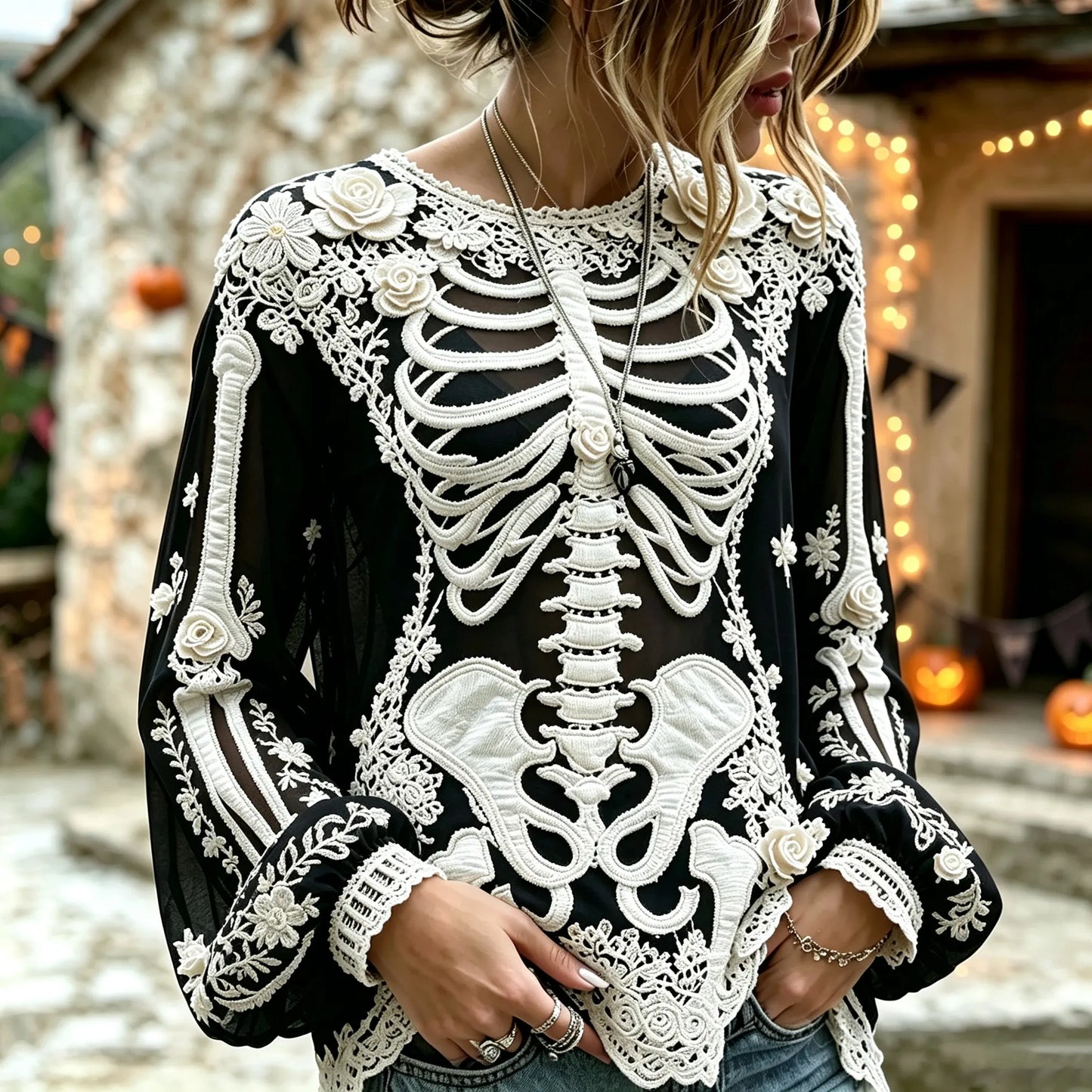 Women's Retro Halloween Bloody Human Skeleton With Floral Art Casual Long Sleeve Tops