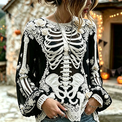 Women's Retro Halloween Bloody Human Skeleton With Floral Art Casual Long Sleeve Tops