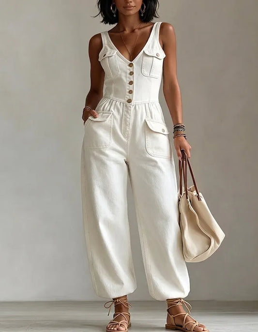 Women's Washed Denim Straight Leg Loose Sleeveless Overalls