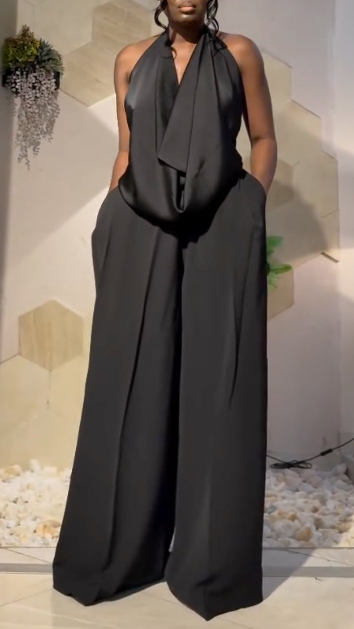 Women's V-Neck Halter-Style Draped Satin Set