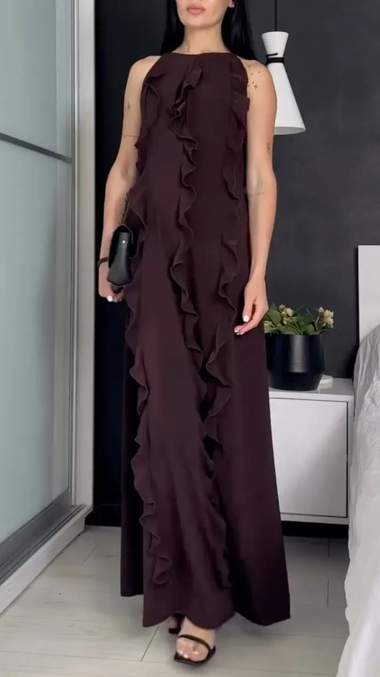Women's Sleeveless  Ruffle Trim Maxi Dress