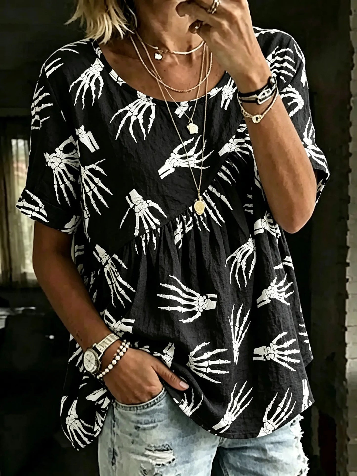 Women's Retro Bone Print Top